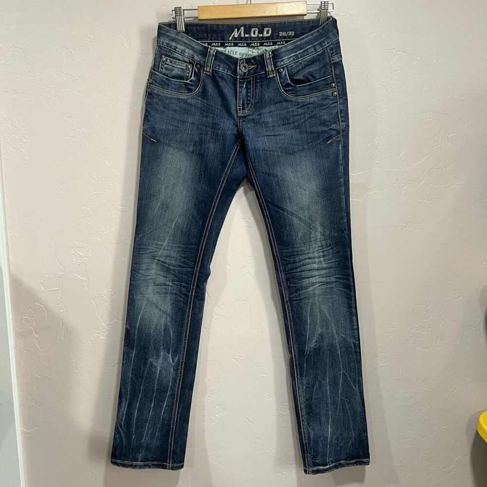 Miracle Of Denim M.O.D Dark Knight Emily Wash Cotton Straight Leg Jeans Sz 28x33